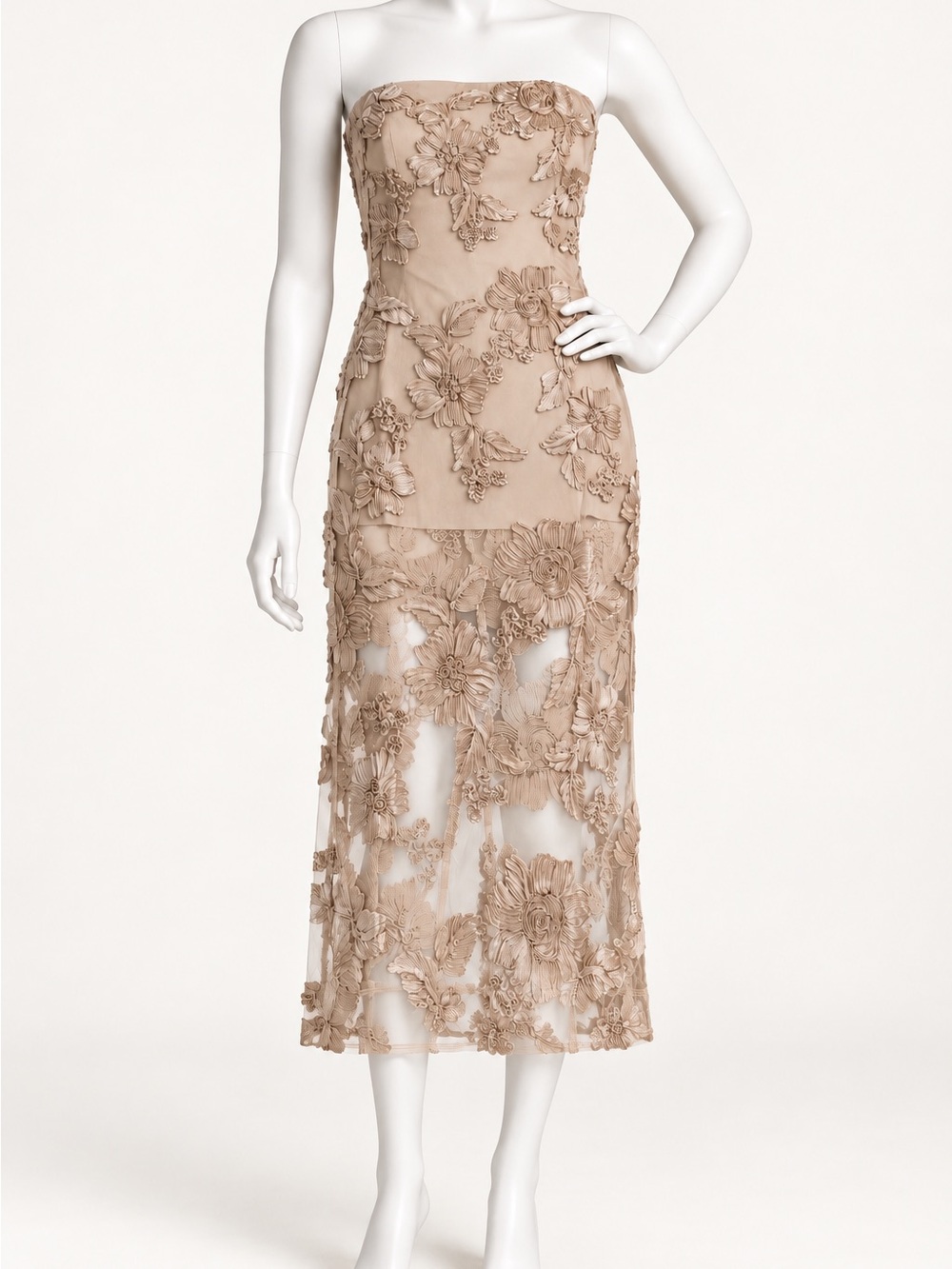 Camila Coelho Strapless Floral Mesh Midi Party Dress Nude Beige XS NWT Applique